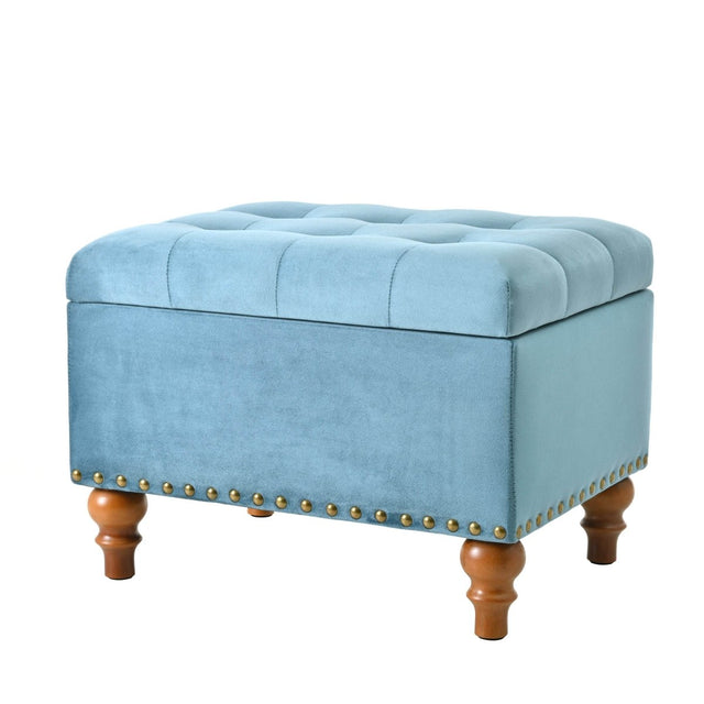 Retro-Style Velvet Upholstered Storage Ottoman With Rivets - Omega Lifestyles