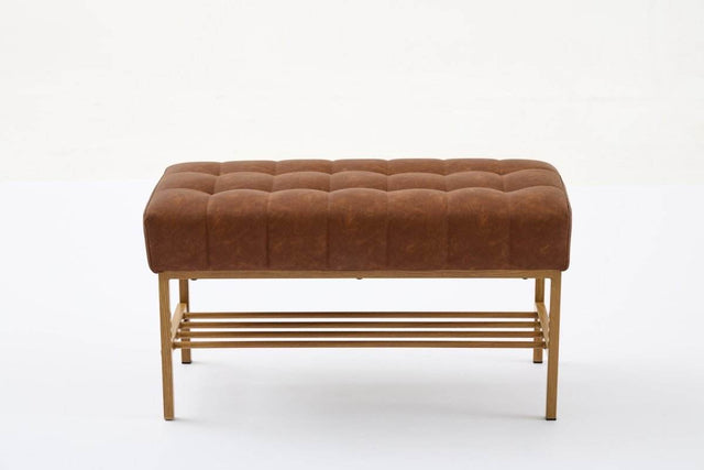Retro Upholstered Brown Storage Ottoman Bench With Shelf - Omega Lifestyles