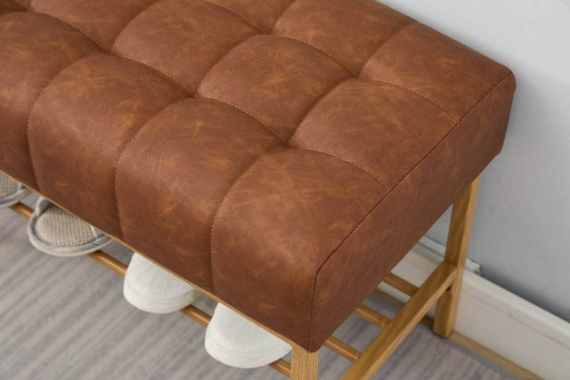 Retro Upholstered Brown Storage Ottoman Bench With Shelf - Omega Lifestyles