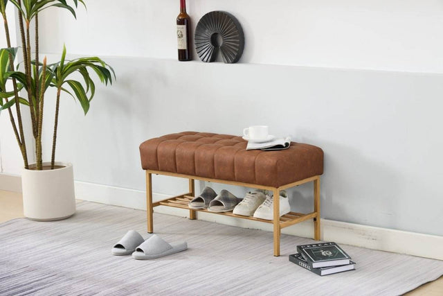Retro Upholstered Brown Storage Ottoman Bench With Shelf - Omega Lifestyles
