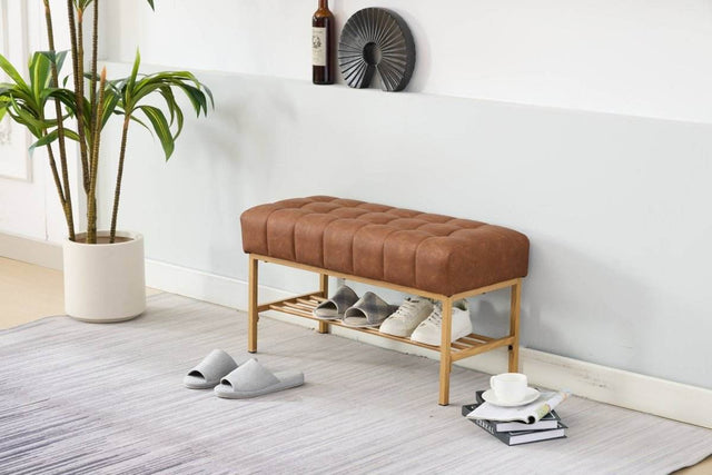 Retro Upholstered Brown Storage Ottoman Bench With Shelf - Omega Lifestyles