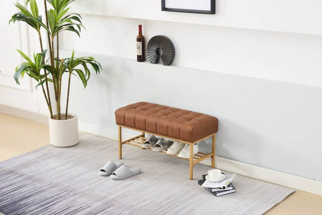 Retro Upholstered Brown Storage Ottoman Bench With Shelf - Omega Lifestyles