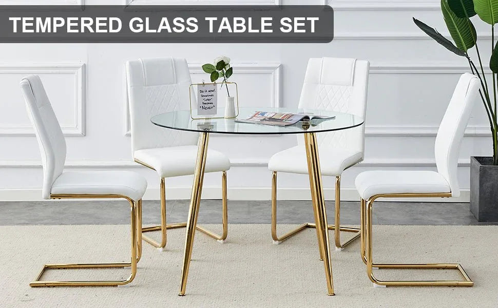 Round Glass Top Metal Dining Table With Chairs Set - Omega Lifestyles