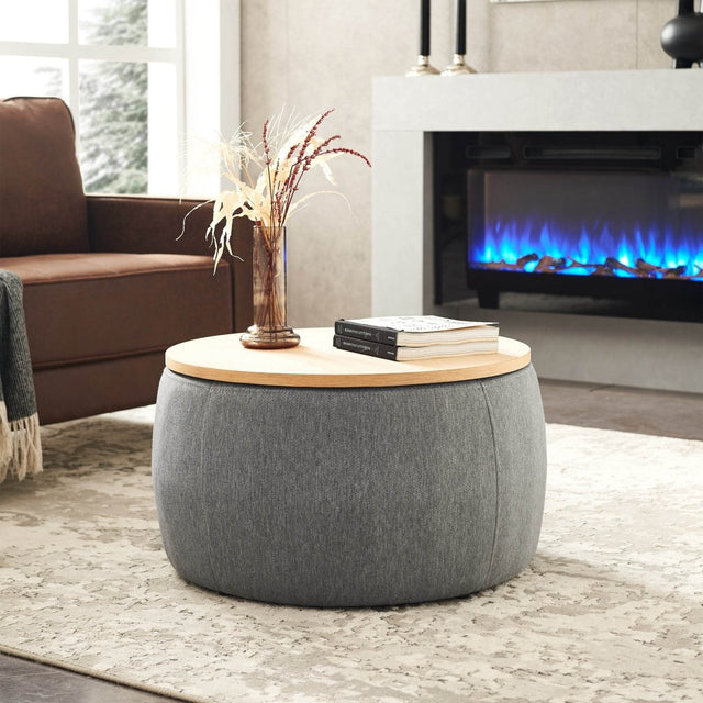 Round Storage Ottoman With Removable Linen Top - Omega Lifestyles