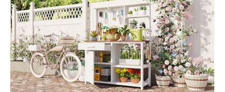 Rustic Fir Wood Potting Bench With Hutch and Storage - Driftwood - Omega Lifestyles
