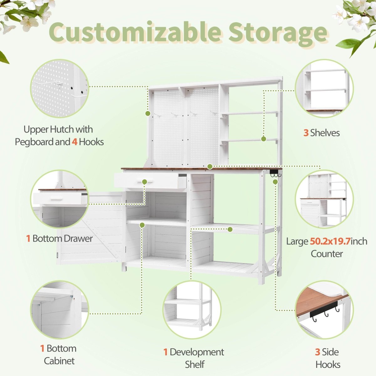 Rustic Fir Wood Potting Bench With Hutch and Storage - Driftwood - Omega Lifestyles