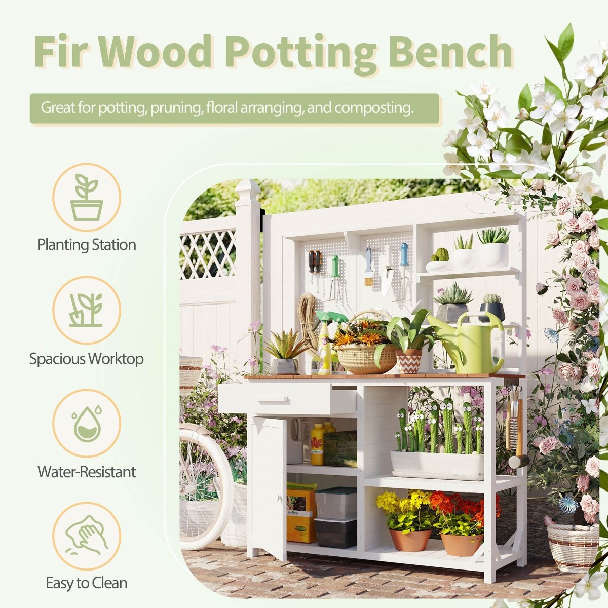 Rustic Fir Wood Potting Bench With Hutch and Storage - Driftwood - Omega Lifestyles
