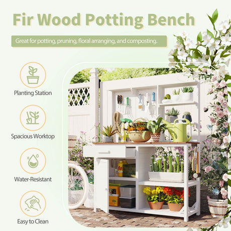 Rustic Fir Wood Potting Bench With Hutch and Storage - Driftwood - Omega Lifestyles