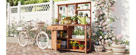 Rustic Fir Wood Potting Bench With Storage Hutch - Omega Lifestyles