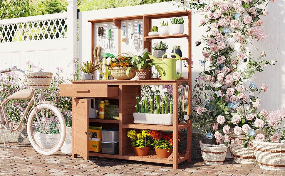 Rustic Fir Wood Potting Bench With Storage Hutch - Omega Lifestyles