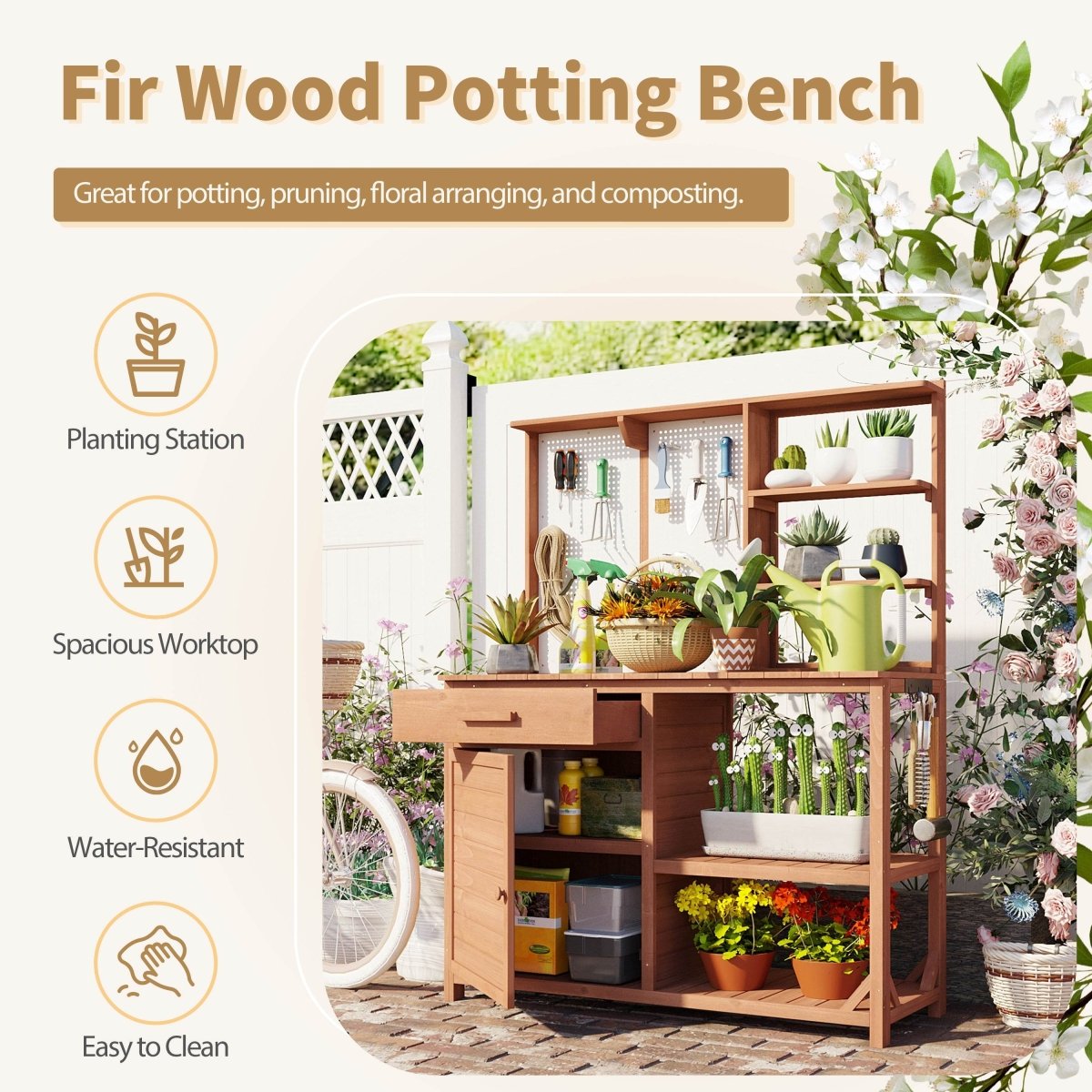 Rustic Fir Wood Potting Bench With Storage Hutch - Omega Lifestyles