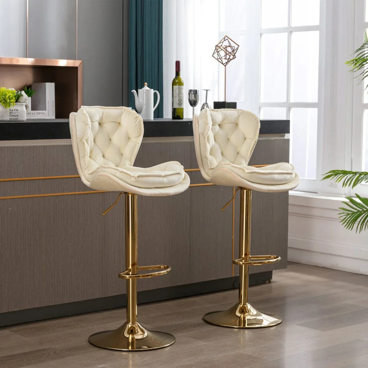 Set of 2 Adjustable Velvet Fabric Bar Stools Cream - Omega Lifestyles