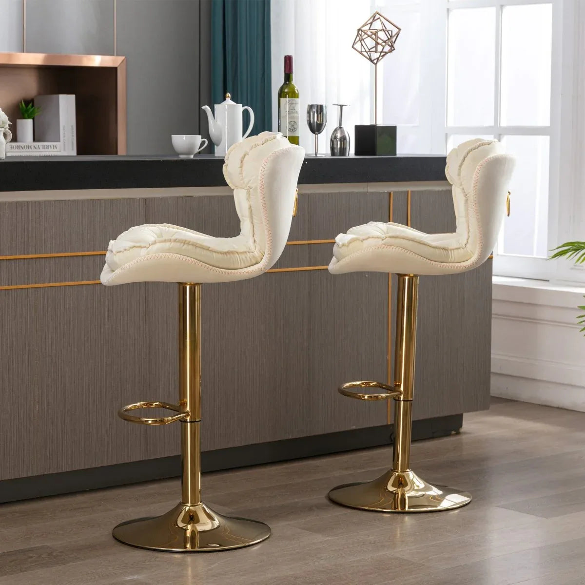 Set of 2 Adjustable Velvet Fabric Bar Stools Cream - Omega Lifestyles