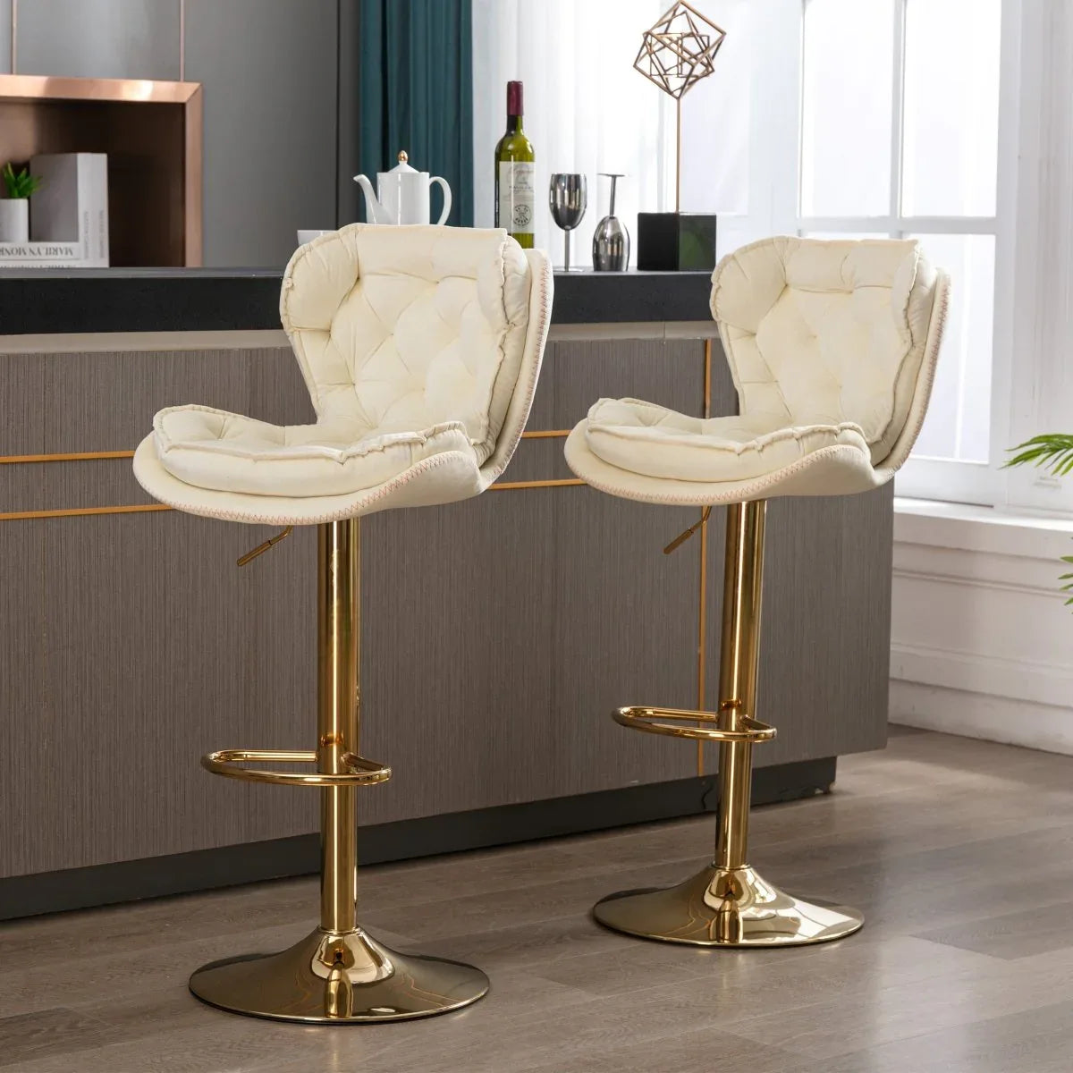 Set of 2 Adjustable Velvet Fabric Bar Stools Cream - Omega Lifestyles