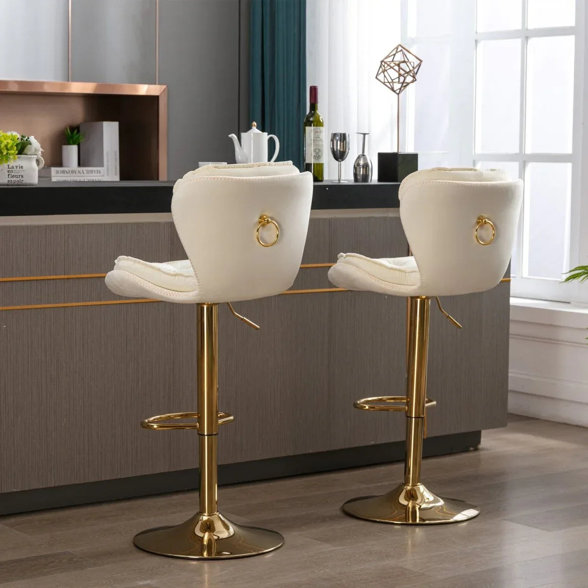 Set of 2 Adjustable Velvet Fabric Bar Stools Cream - Omega Lifestyles