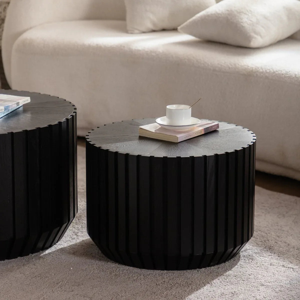 Set Of 2 Black Fluted Solid Wood MDF Coffee Tables - Omega Lifestyles