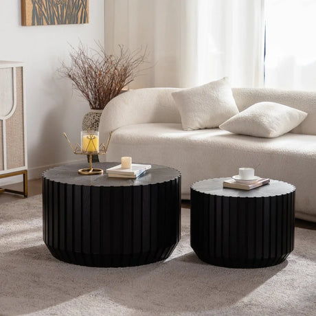 Set Of 2 Black Fluted Solid Wood MDF Coffee Tables - Omega Lifestyles