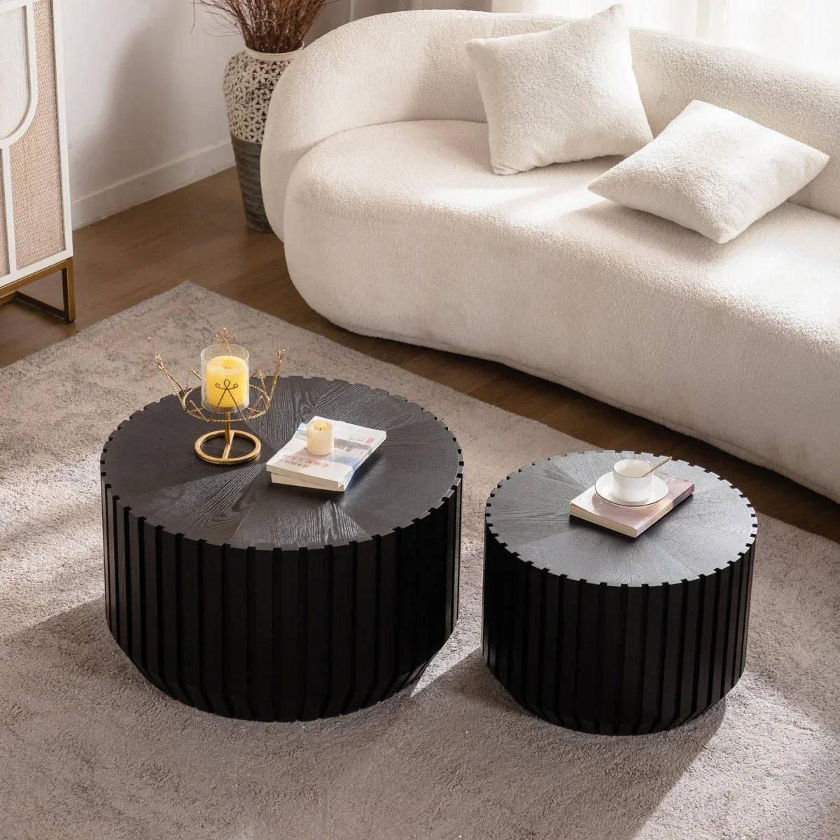 Set Of 2 Black Fluted Solid Wood MDF Coffee Tables - Omega Lifestyles