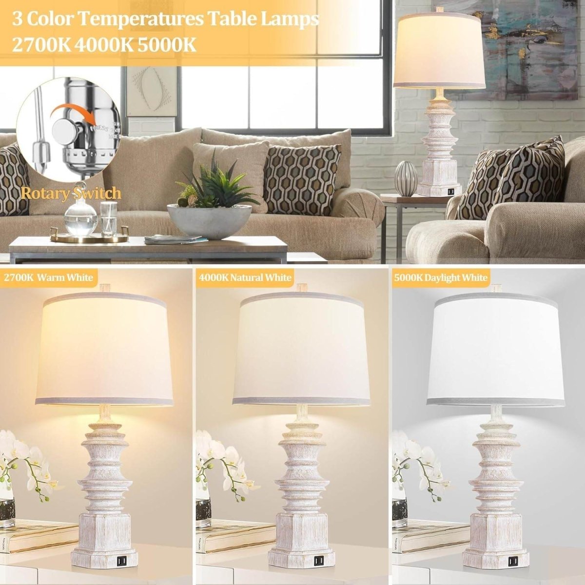 Set Of 2 Farmhouse Resin Table Lamps With USB - Omega Lifestyles