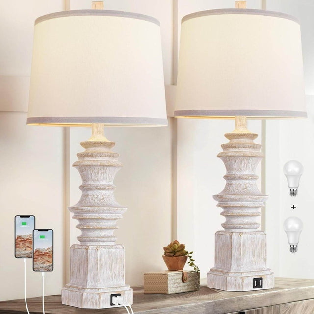 Set Of 2 Farmhouse Resin Table Lamps With USB - Omega Lifestyles