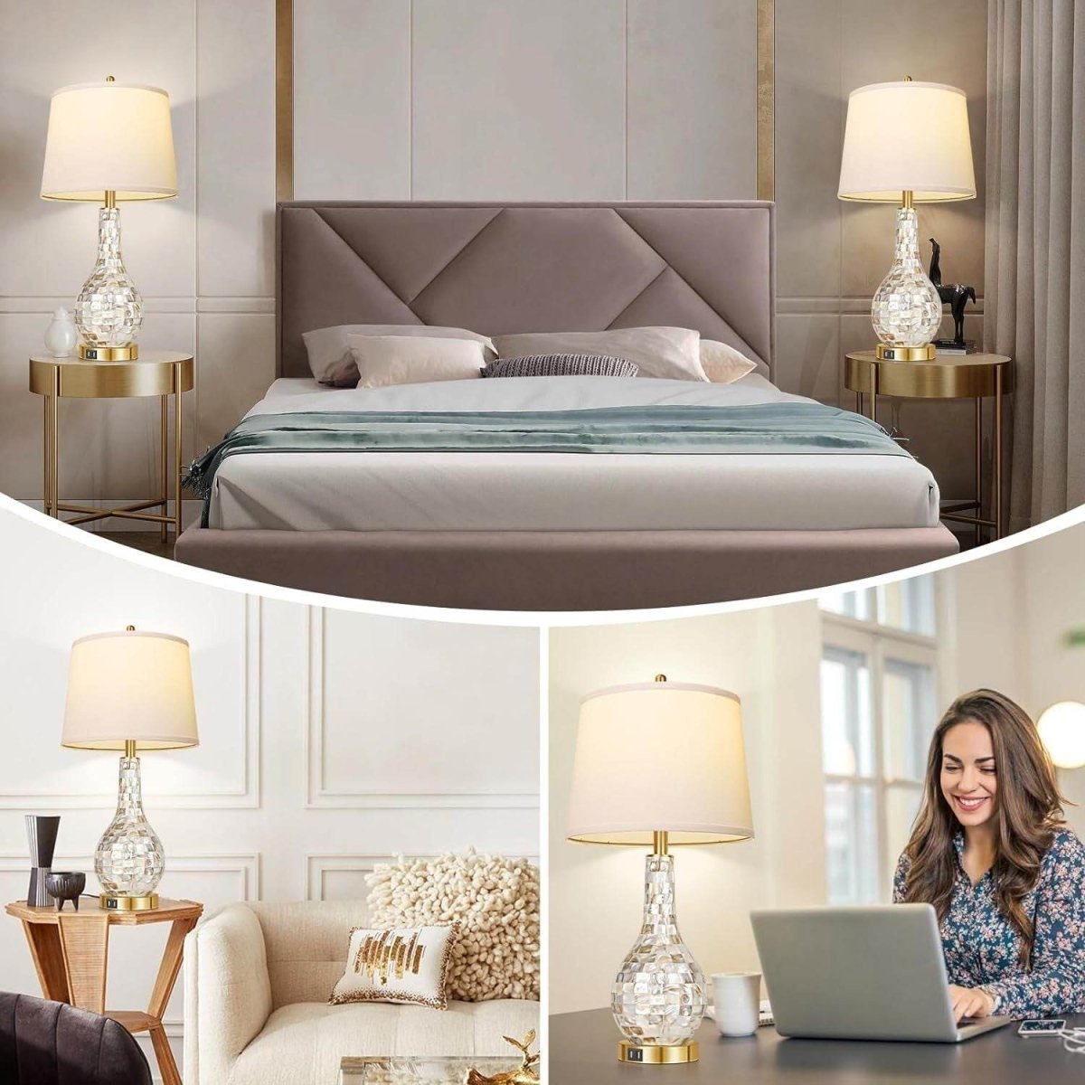 Set of 2 Gold Shell Tile LED Table Lamps with USB Port - Omega Lifestyles