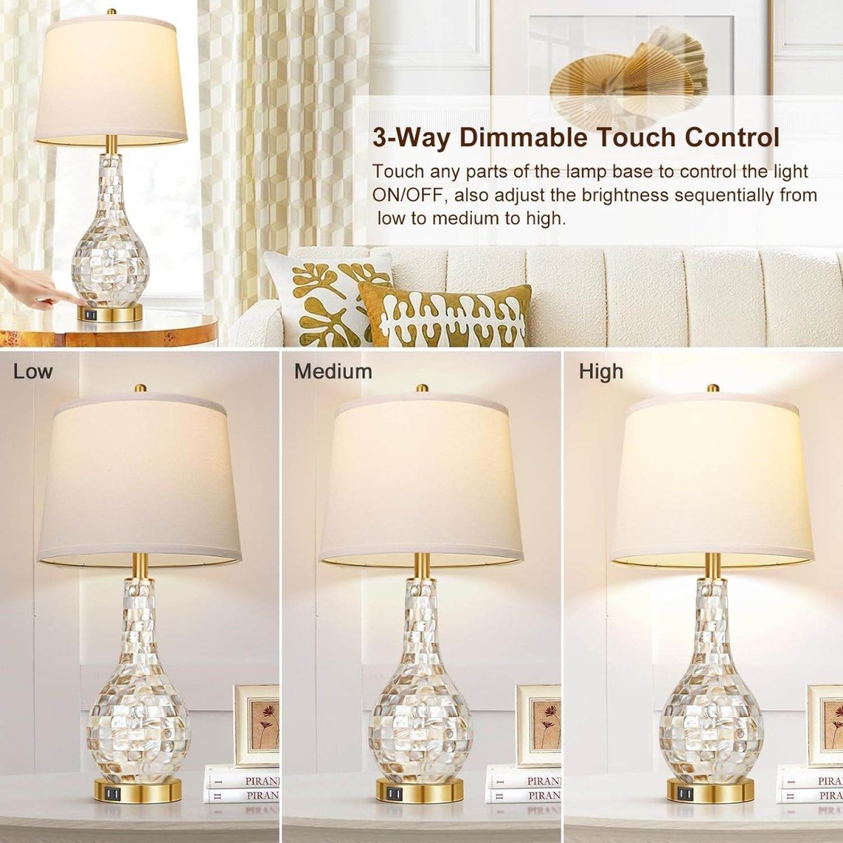 Set of 2 Gold Shell Tile LED Table Lamps with USB Port - Omega Lifestyles