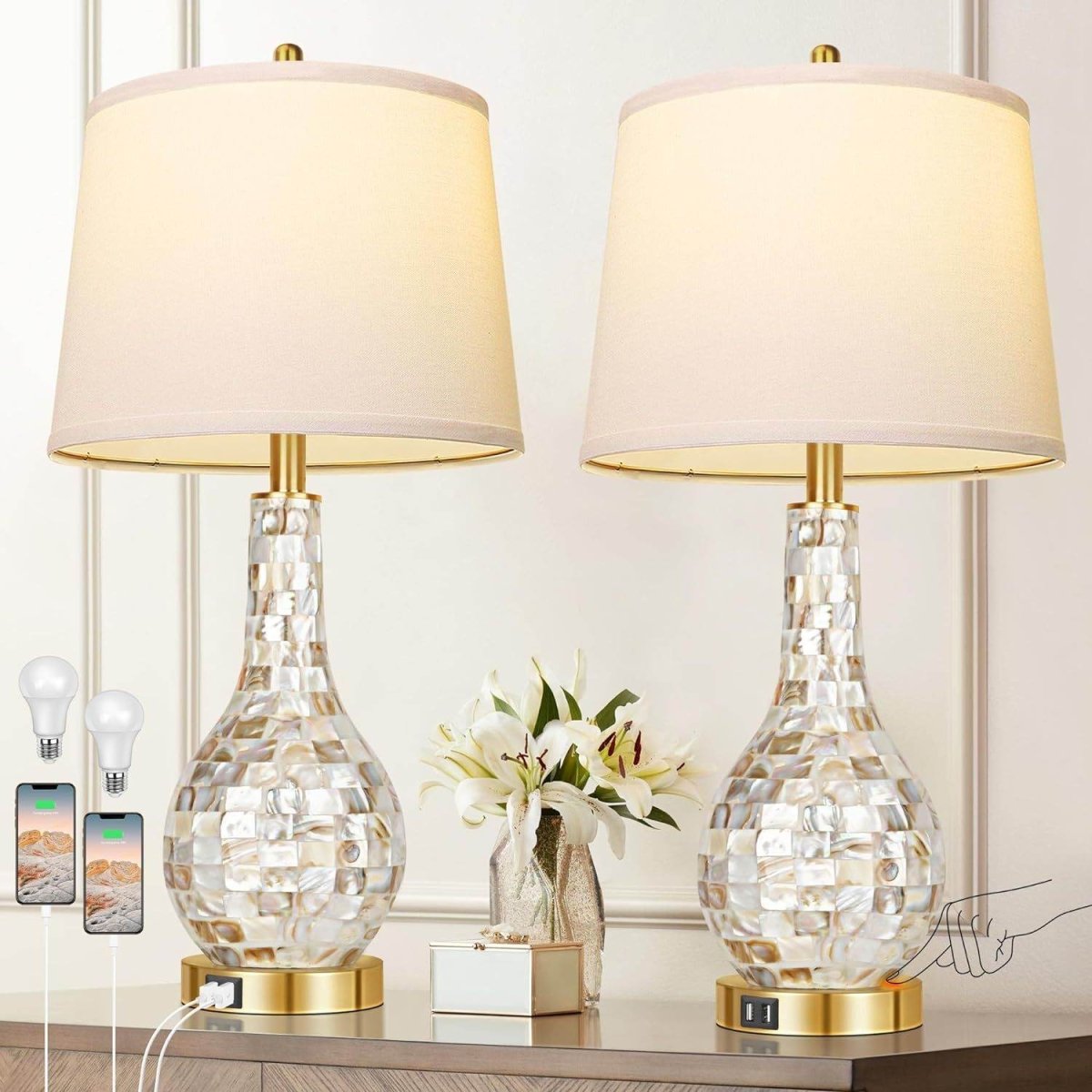 Set of 2 Gold Shell Tile LED Table Lamps with USB Port - Omega Lifestyles