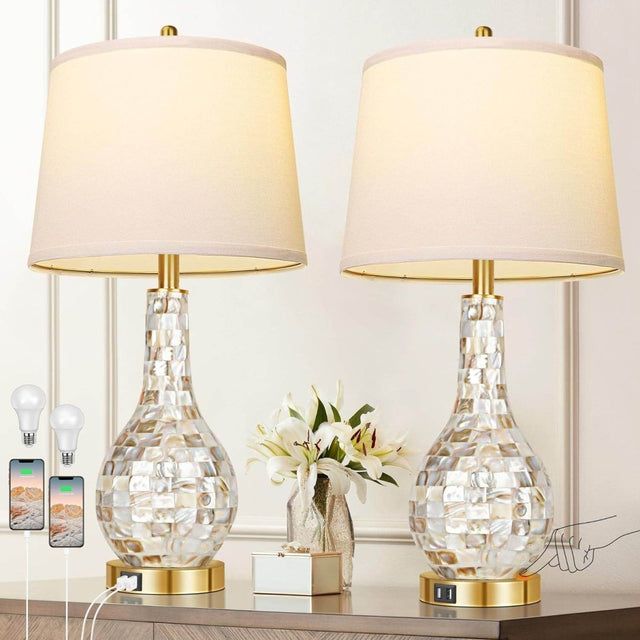 Set of 2 Gold Shell Tile LED Table Lamps with USB Port - Omega Lifestyles