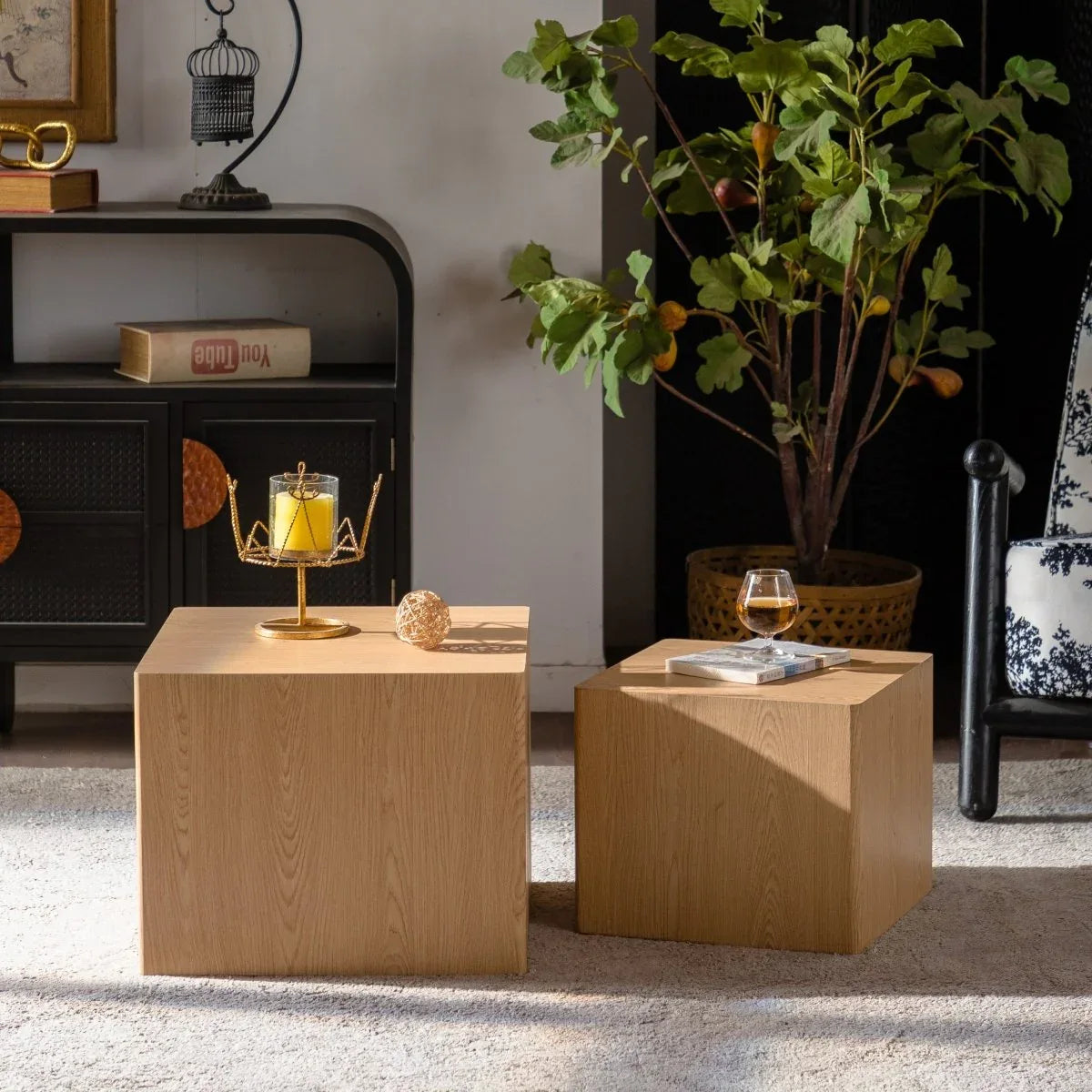 Set of 2 Modern Natural Wood Nesting Cube Side Tables - Omega Lifestyles