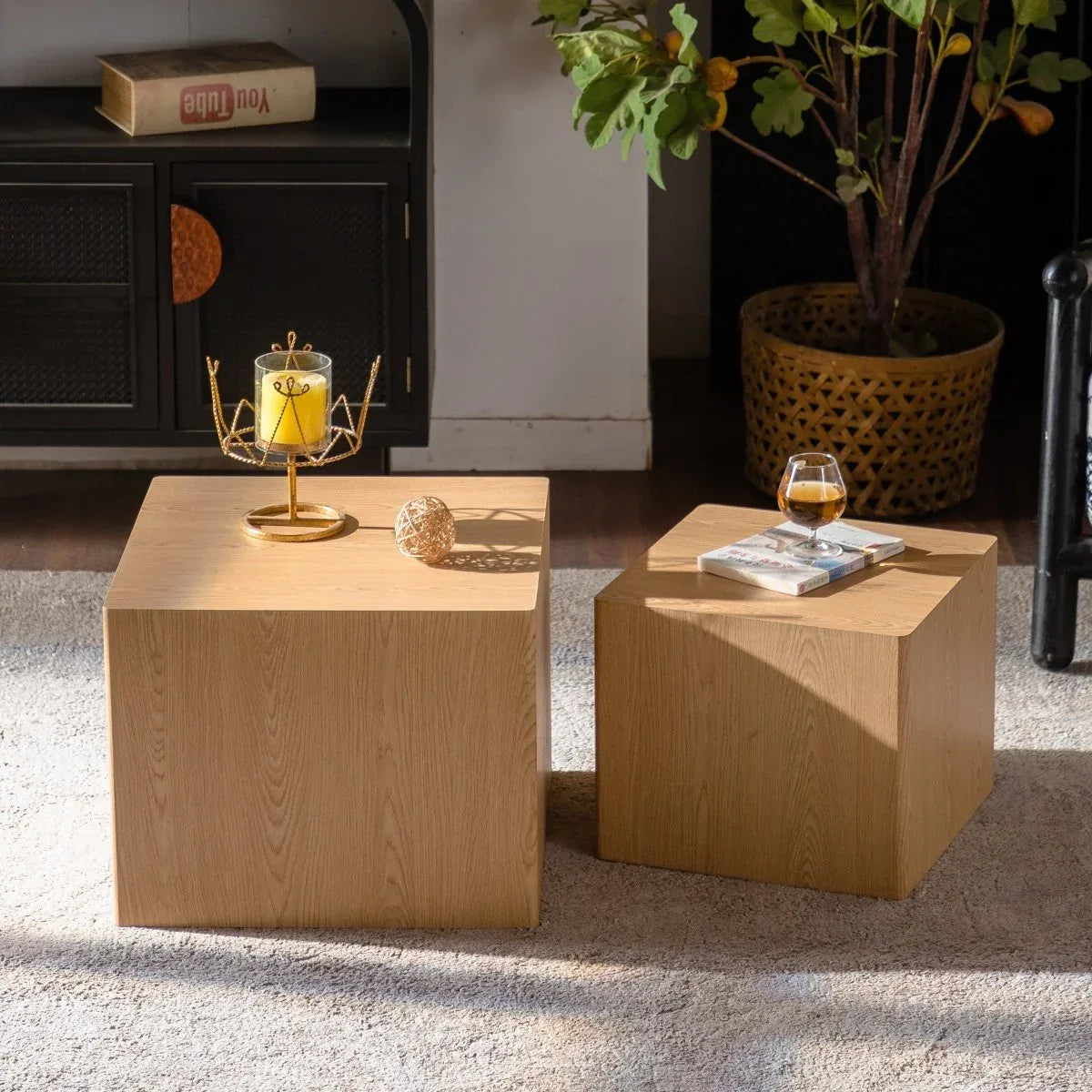 Set of 2 Modern Natural Wood Nesting Cube Side Tables - Omega Lifestyles