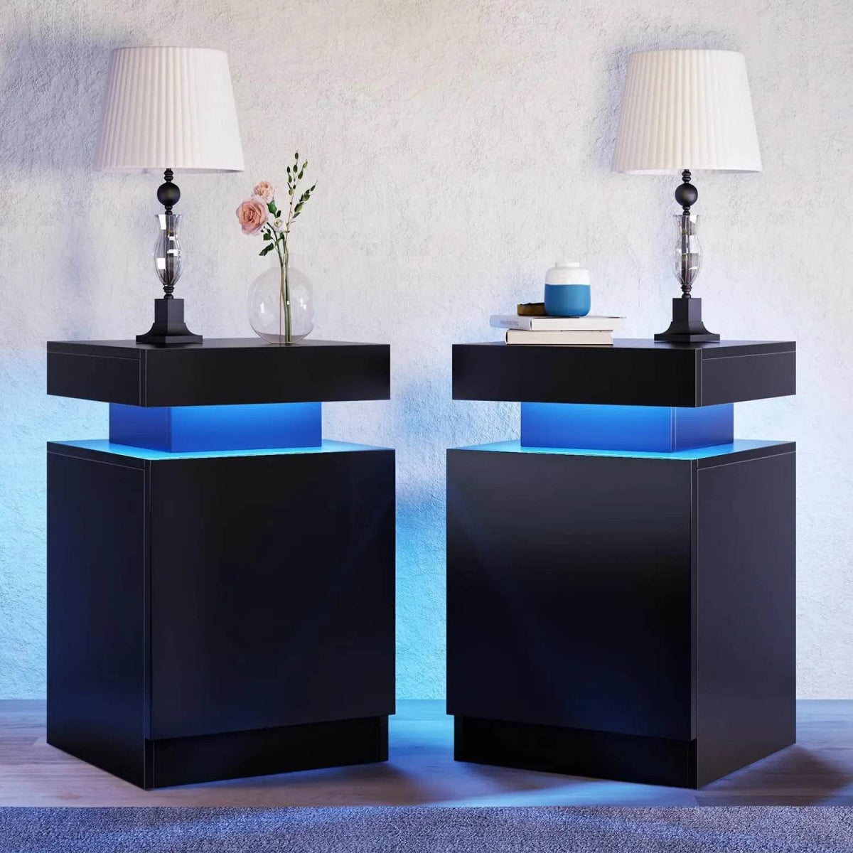 Set of 2 Modern Wood Nightstands With LED Lights - Omega Lifestyles