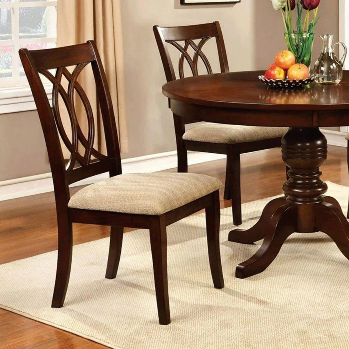 Set of 2 Transitional Brown Cherry Padded Fabric Dining Chairs - Omega Lifestyles