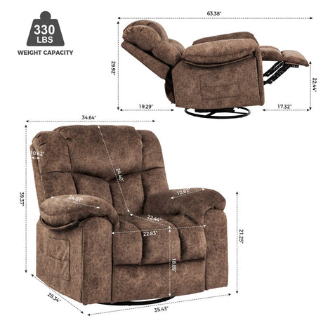 Soft Velvet Swivel Rocking Massage Recliner Chair - Driftwood - Omega Lifestyles
