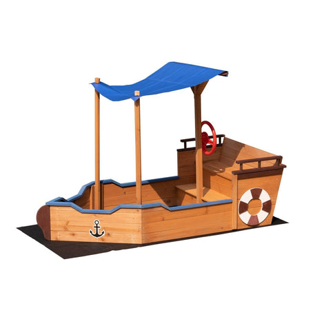 Solid Wood Pirate Ship Sandbox With Canopy And Rudder - Driftwood - Omega Lifestyles