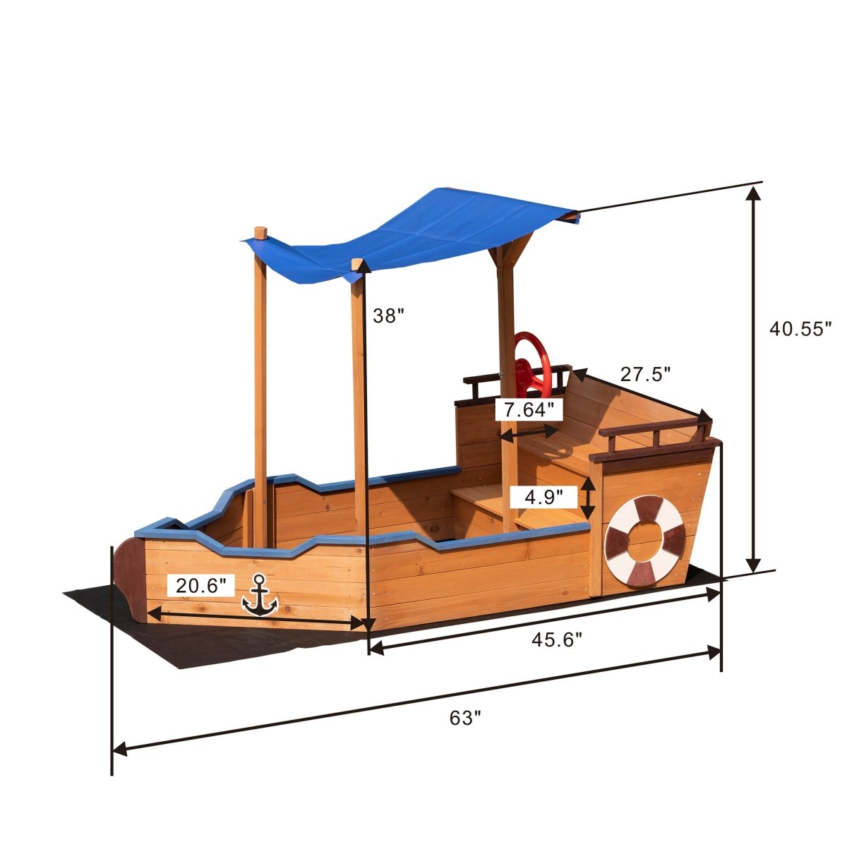 Solid Wood Pirate Ship Sandbox With Canopy And Rudder - Driftwood - Omega Lifestyles