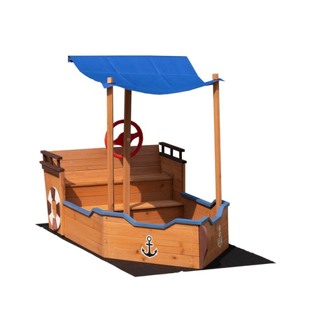 Solid Wood Pirate Ship Sandbox With Canopy And Rudder - Driftwood - Omega Lifestyles