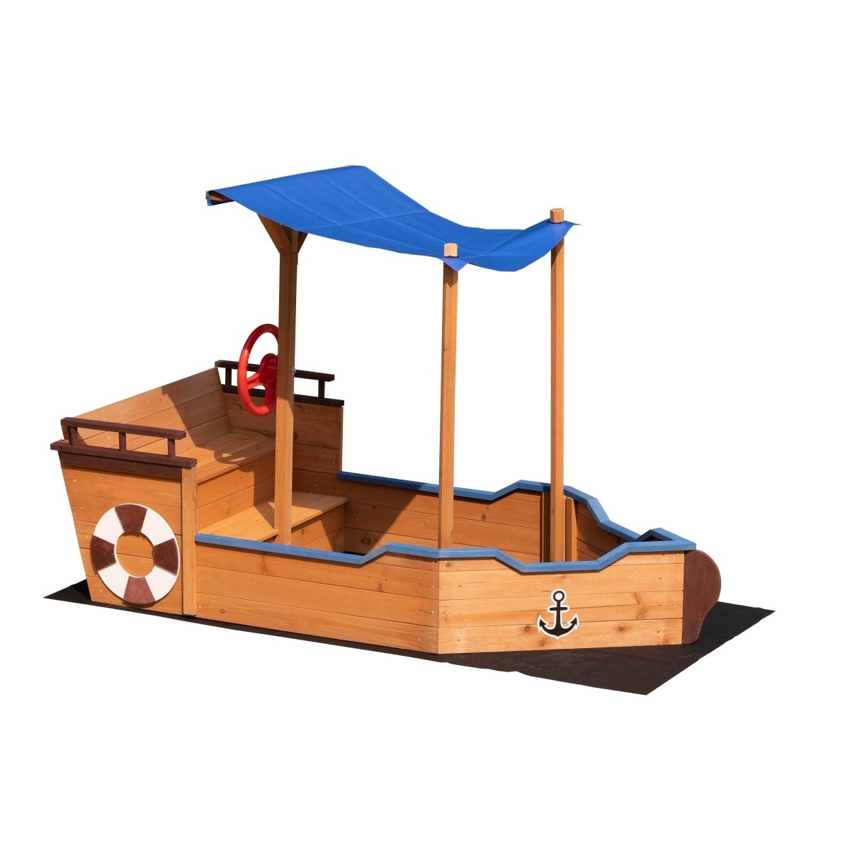 Solid Wood Pirate Ship Sandbox With Canopy And Rudder - Driftwood - Omega Lifestyles