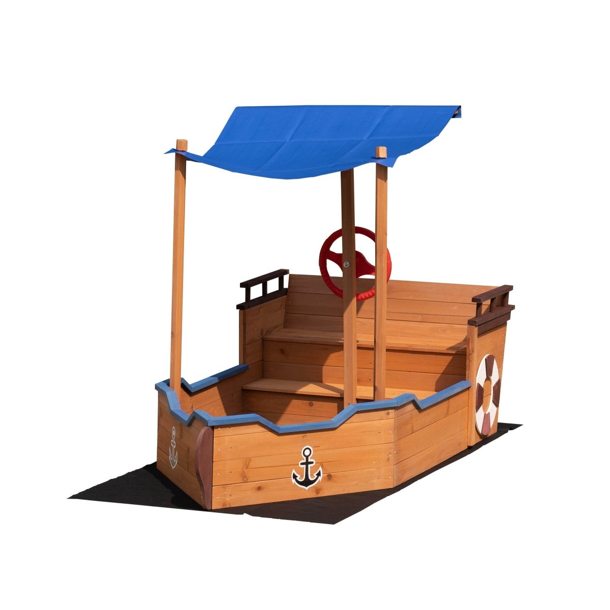 Solid Wood Pirate Ship Sandbox With Canopy And Rudder - Driftwood - Omega Lifestyles