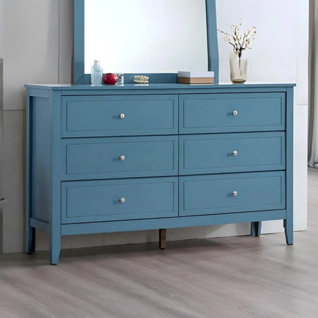 Teal Wood Veneer Finish 6-Drawer Assembled Dresser - Omega Lifestyles