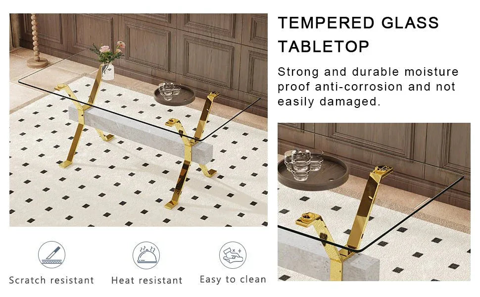 Transparent Tempered Glass Dining Table With 8 White PU Chairs - Omega Lifestyles