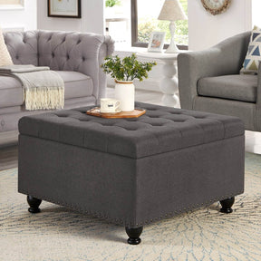 Tufted Square Linen Storage Ottoman With Wood Legs - Omega Lifestyles