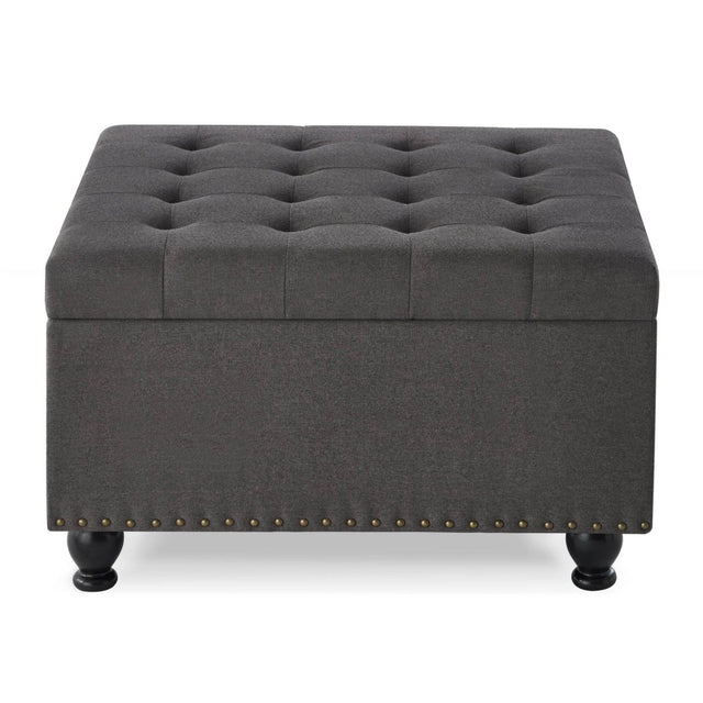 Tufted Square Linen Storage Ottoman With Wood Legs - Omega Lifestyles