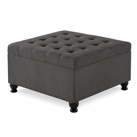 Tufted Square Linen Storage Ottoman With Wood Legs - Sleep Galleria