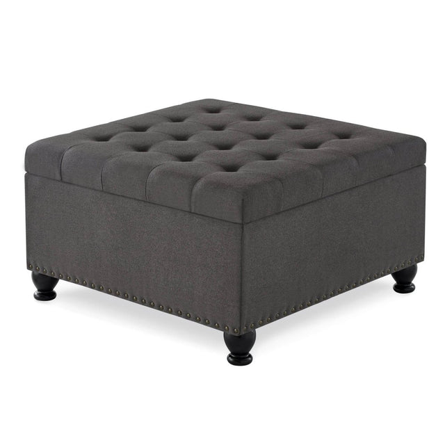 Tufted Square Linen Storage Ottoman With Wood Legs - Omega Lifestyles