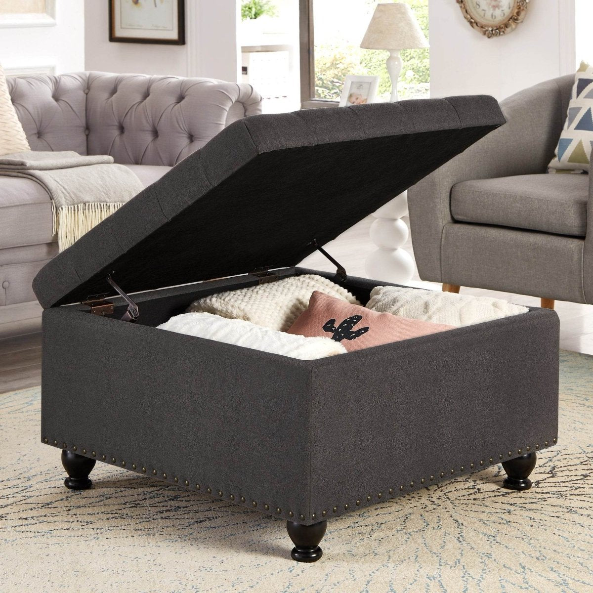 Tufted Square Linen Storage Ottoman With Wood Legs - Sleep Galleria