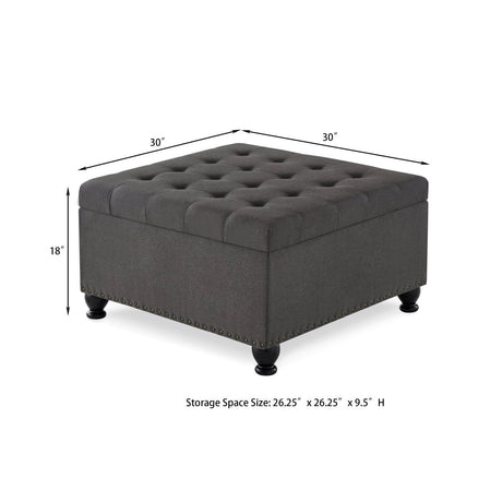 Tufted Square Linen Storage Ottoman With Wood Legs - Sleep Galleria