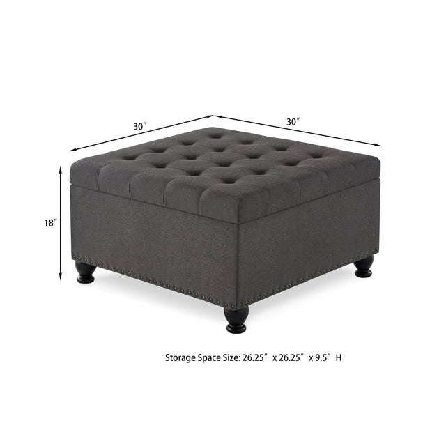 Tufted Square Linen Storage Ottoman With Wood Legs - Omega Lifestyles