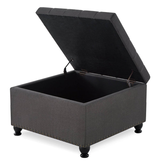 Tufted Square Linen Storage Ottoman With Wood Legs - Omega Lifestyles