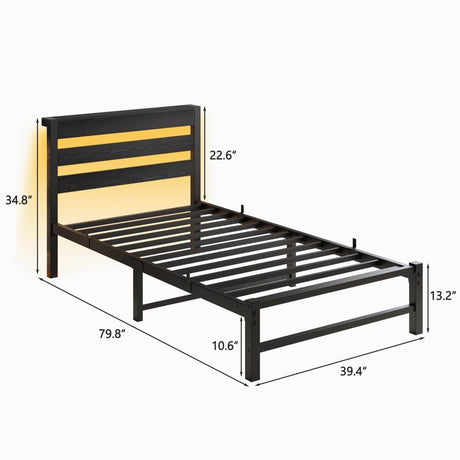 Twin Heavy Duty Metal Platform Bed Frame With USB - Driftwood - Omega Lifestyles