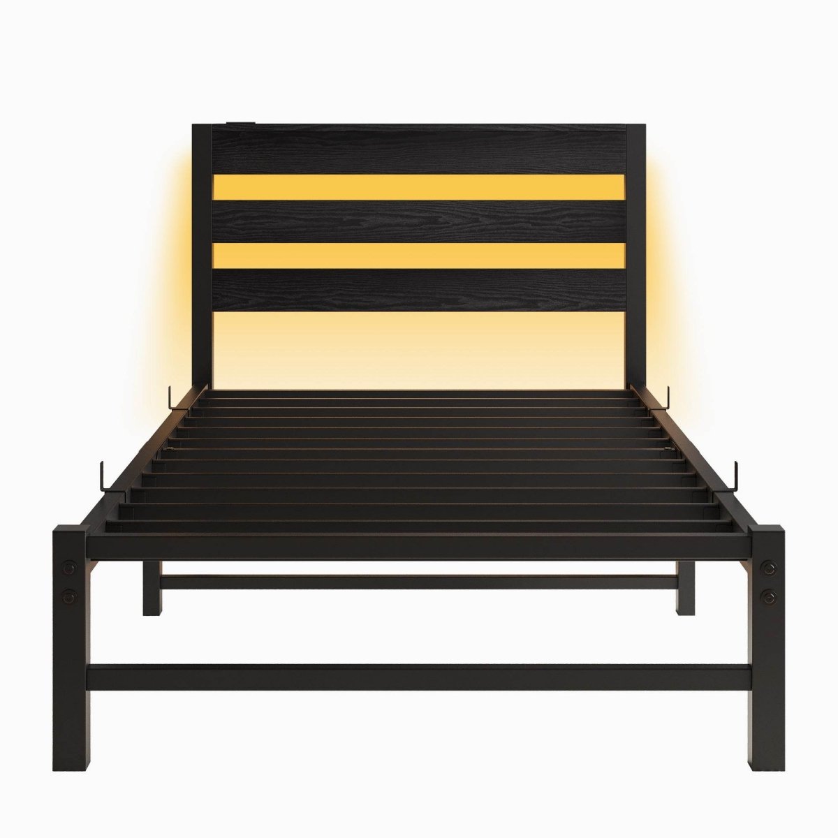 Twin Heavy Duty Metal Platform Bed Frame With USB - Driftwood - Omega Lifestyles